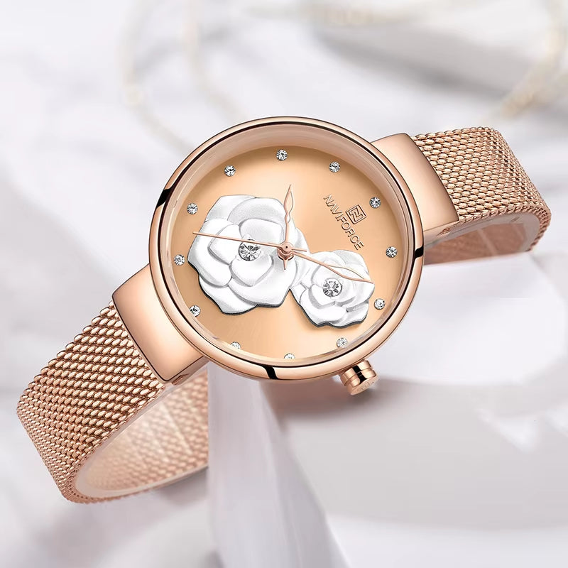 Women Watch Top Luxury Brand Steel Mesh Waterproof Ladies Watches Flower Quartz Female Wristwatch Charming Girl Clock
