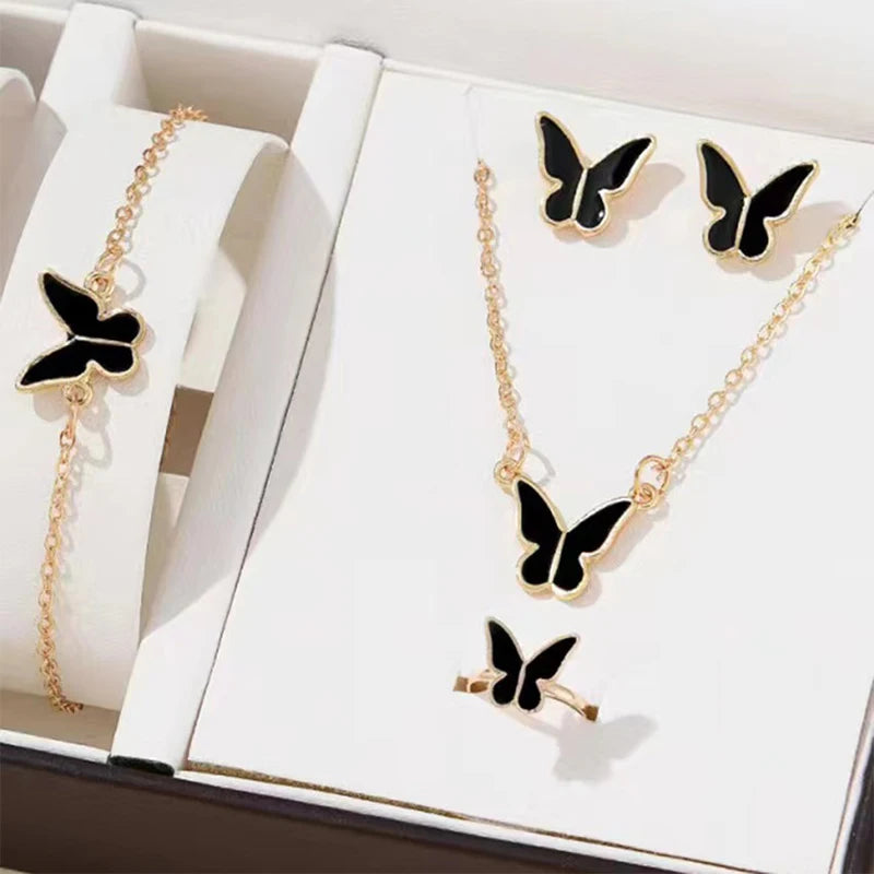 5PCS Fashion Butterfly Pendants Necklace Earrings Ring Bracelet Sets for Women Jewelry Set Bridal Wedding Jewelry Gift