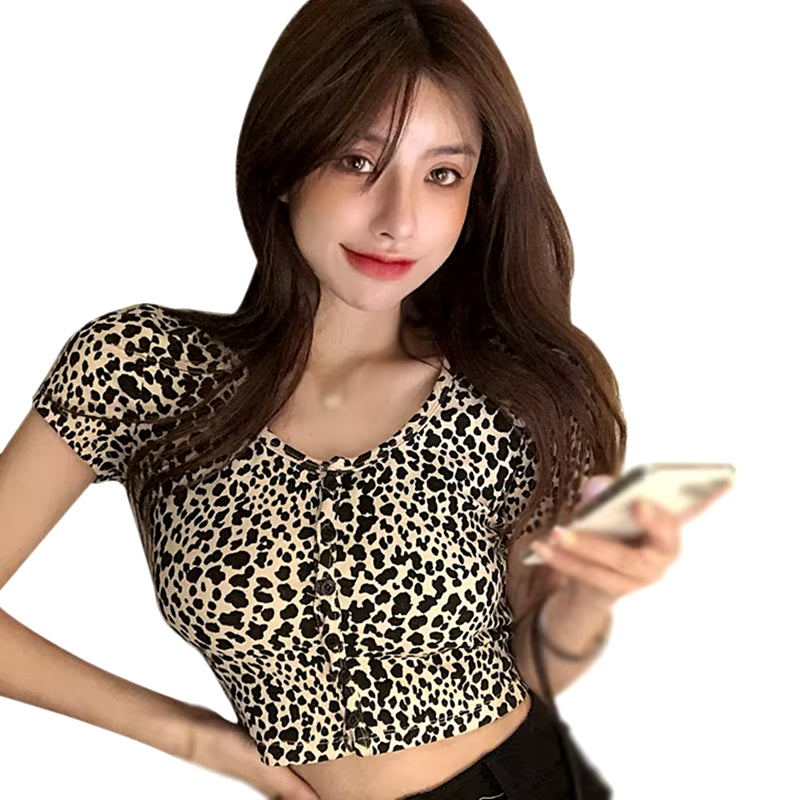 Sexy Leopard Print T-Shirt Round-Neck Slim Short Sleeve Summer Sexy Tops T Shirt Korean Style T-Shirts