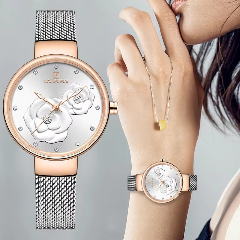 Women Watch  Top Luxury Brand Steel Mesh Waterproof Ladies Watches Flower Quartz Female Wristwatch Charming Girl Clock