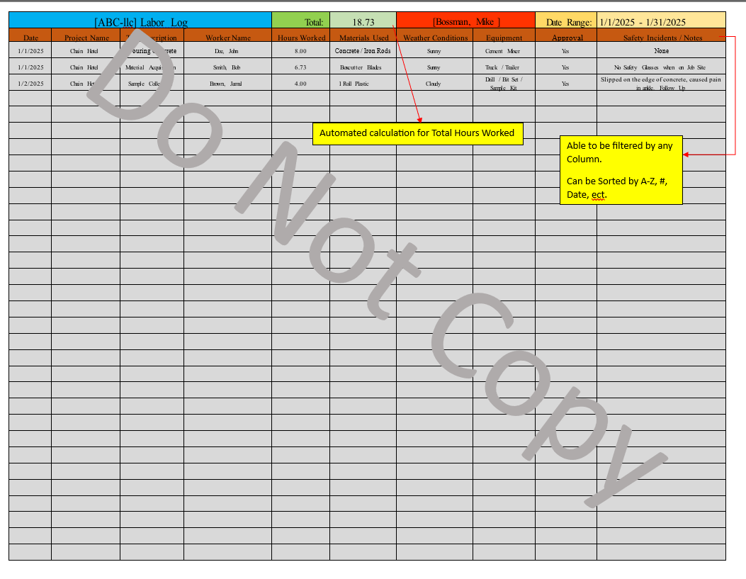 Daily Labor Log (Google Sheets/Excel)  schedule and maintain accurate records,  Pre-formatted and easy to use