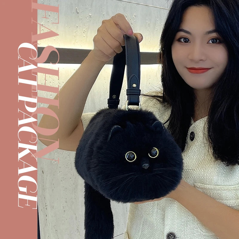 One Shoulder Bag Female Design Small Man Messenger Bag Versatile Hand Made Autumn and Winter Plush Cute Cat Bag